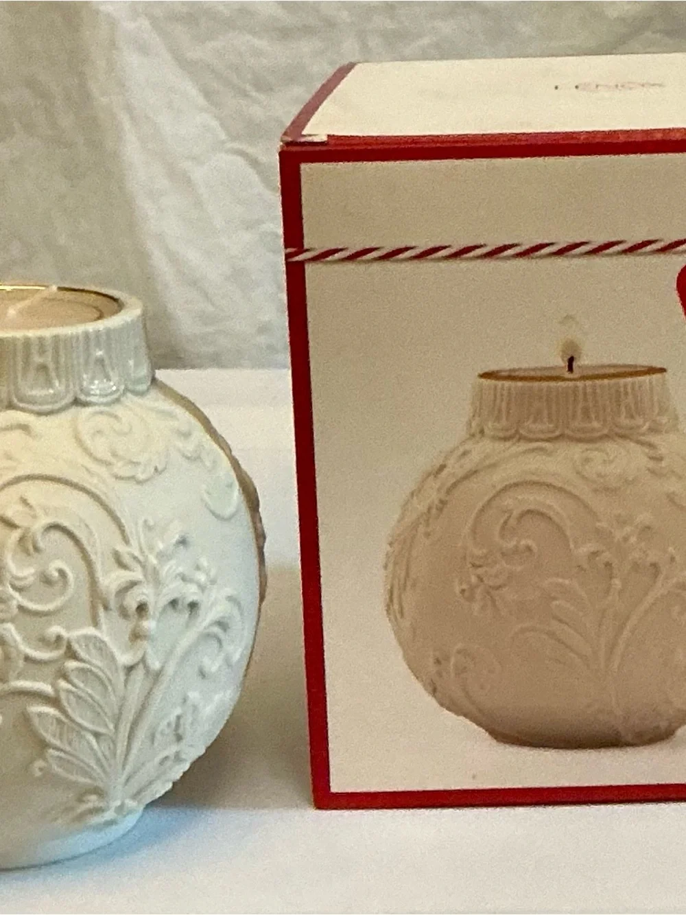 NEW IN BOX Lenox Ivory Ornamental Glow Holly Scrollwork Votive Candle Holder